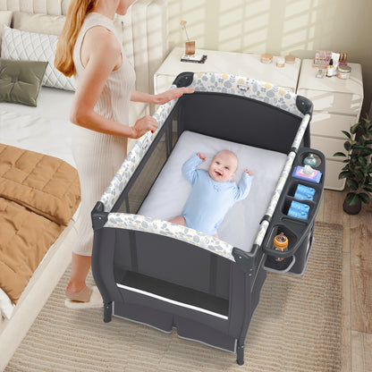 5 in 1 Portable Pack and Play with Bassinet and Mattress-Grey