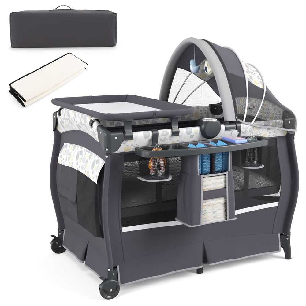 5 in 1 Portable Pack and Play with Bassinet and Mattress-Grey