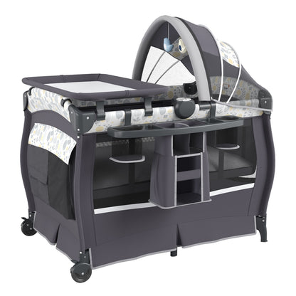 5 in 1 Portable Pack and Play with Bassinet and Mattress-Grey