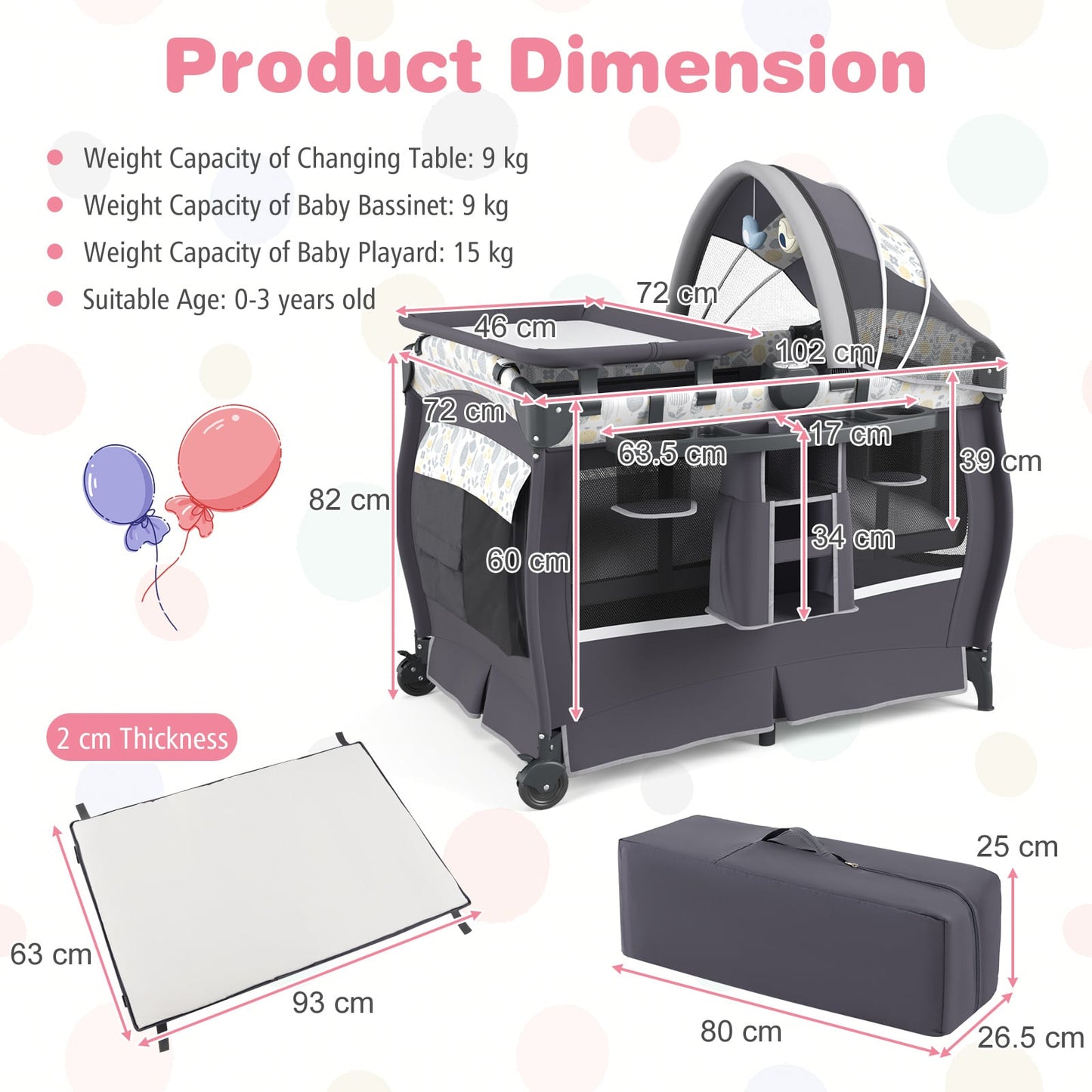 5 in 1 Portable Pack and Play with Bassinet and Mattress-Grey