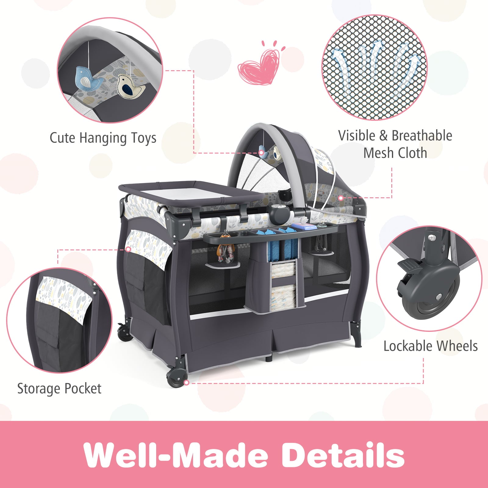 5 in 1 Portable Pack and Play with Bassinet and Mattress-Grey