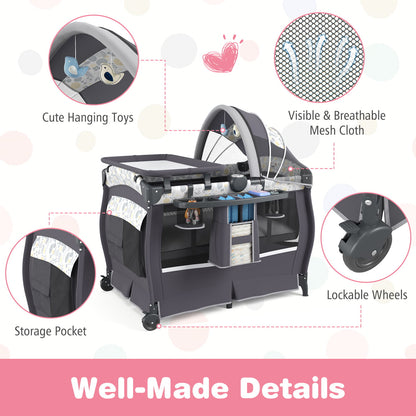 5 in 1 Portable Pack and Play with Bassinet and Mattress-Grey