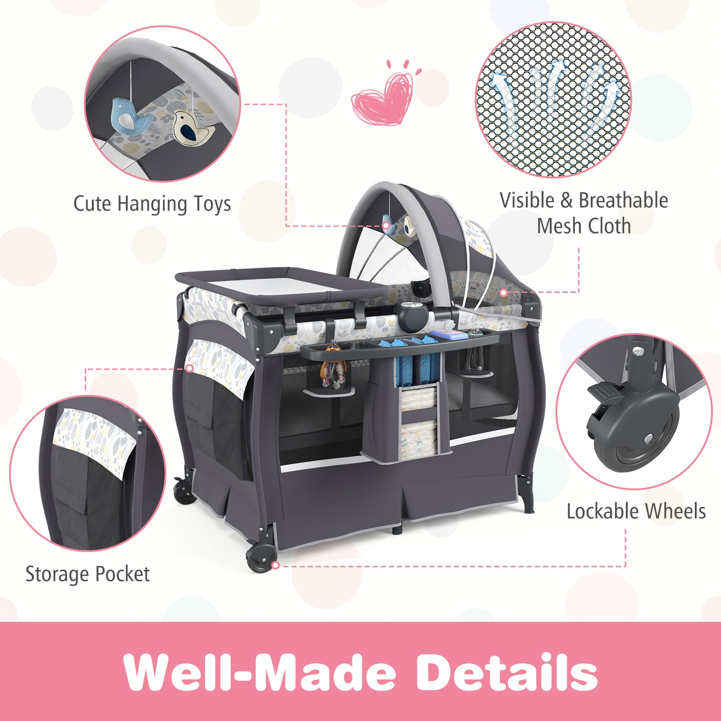 5 in 1 Portable Pack and Play with Bassinet and Mattress-Grey