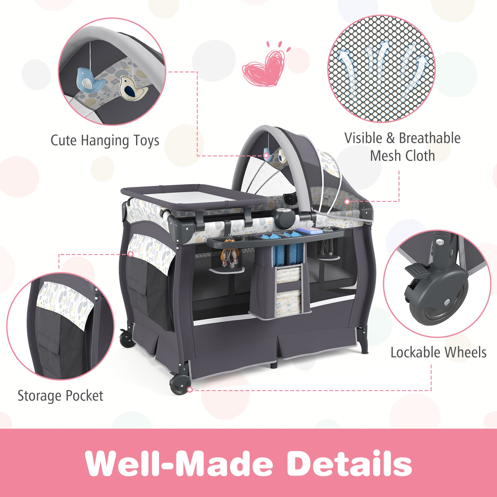 5 in 1 Portable Pack and Play with Bassinet and Mattress-Grey