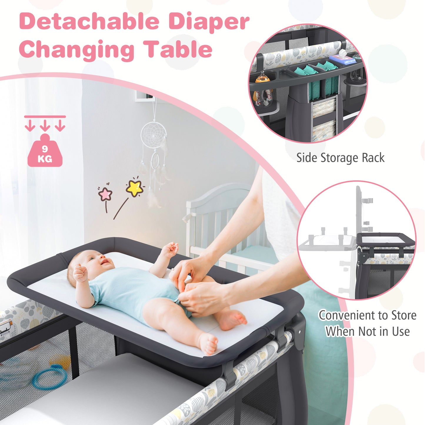 5 in 1 Portable Pack and Play with Bassinet and Mattress-Grey