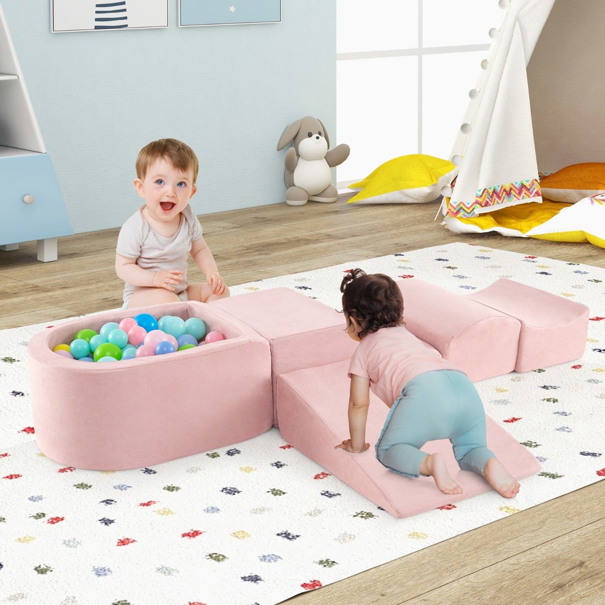 5-Piece Climb and Crawl Playset with Ball Pit for Kids-Pink