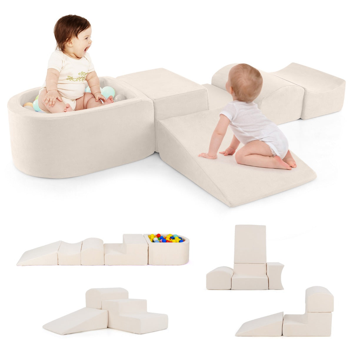 5-Piece Climb and Crawl Playset with Ball Pit for Kids-Beige
