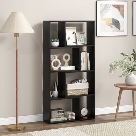 5-Tier Geometric Bookshelf with 8 Cubes Floor Standing Open Display-Black