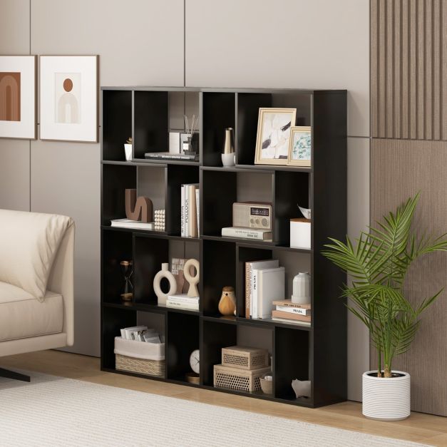 5-Tier Geometric Bookshelf with 8 Cubes Floor Standing Open Display-Black