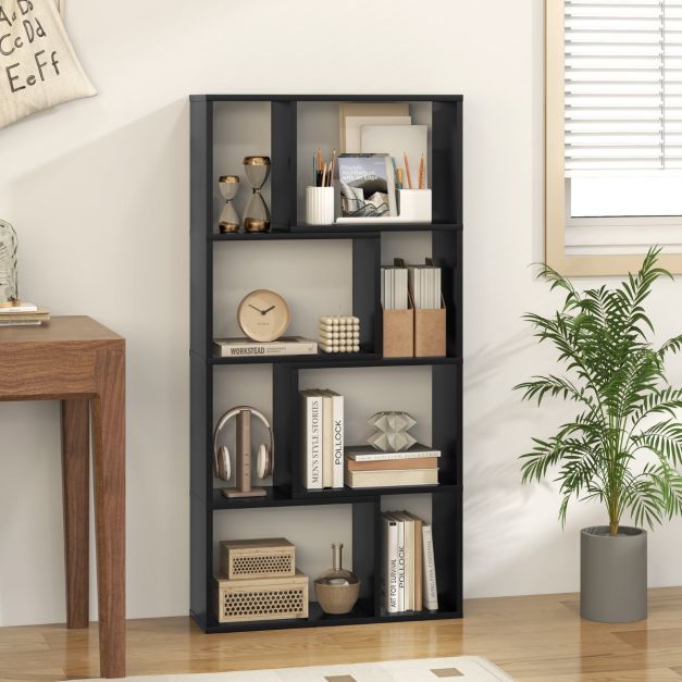 5-Tier Geometric Bookshelf with 8 Cubes Floor Standing Open Display-Black