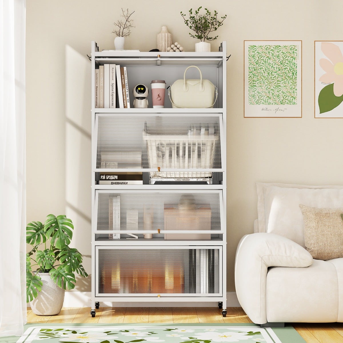 5-Tier Kitchen Storage Cabinet with Wheels and Flip-Up Doors-White