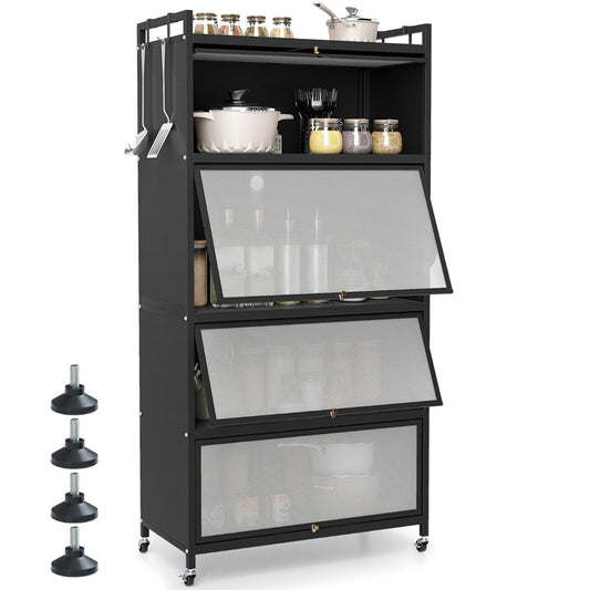 5-Tier Kitchen Storage Cabinet with Wheels and Flip-Up Doors-Black