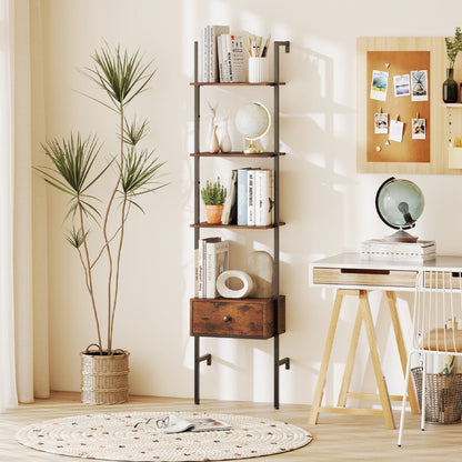 5-Tier Ladder Bookcase with Drawer and Metal Frame-Rustic Brown