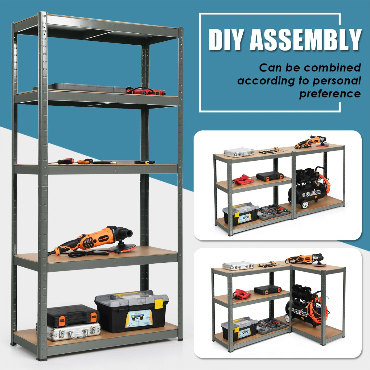 5-Tier Storage Rack with Boltless Shelving and Adjustable Shelves-Grey