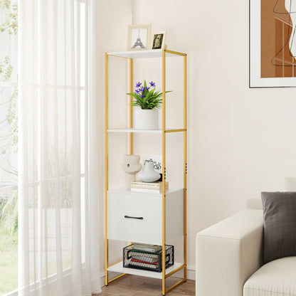 5-Tier Tall Narrow Bookcase Bookshelf with Drawer Shelves-White