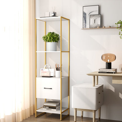 5-Tier Tall Narrow Bookcase Bookshelf with Drawer Shelves-White