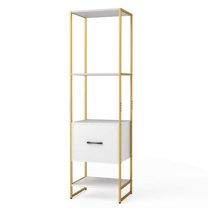 5-Tier Tall Narrow Bookcase Bookshelf with Drawer Shelves-White