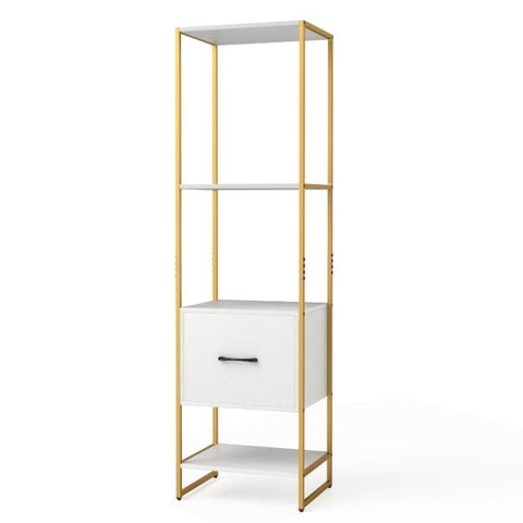 5-Tier Tall Narrow Bookcase Bookshelf with Drawer Shelves-White