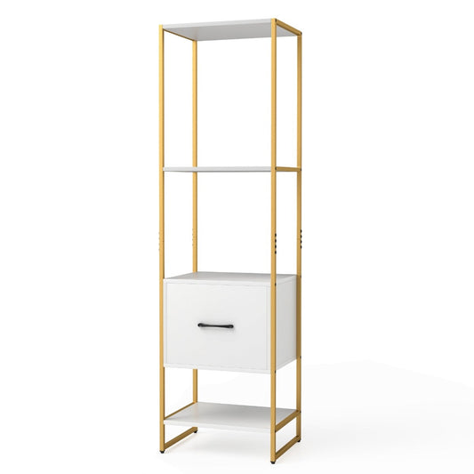 5-Tier Tall Narrow Bookcase Bookshelf with Drawer Shelves-White