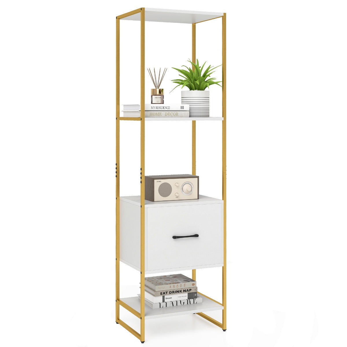 5-Tier Tall Narrow Bookcase Bookshelf with Drawer Shelves-White