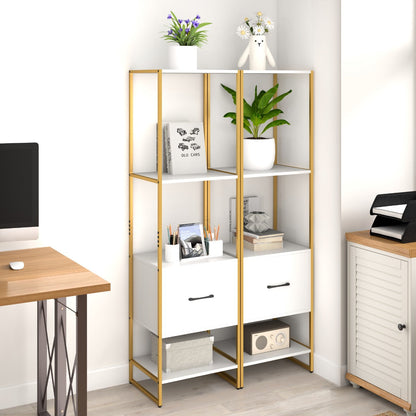 5-Tier Tall Narrow Bookcase Bookshelf with Drawer Shelves-White