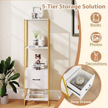 5-Tier Tall Narrow Bookcase Bookshelf with Drawer Shelves-White