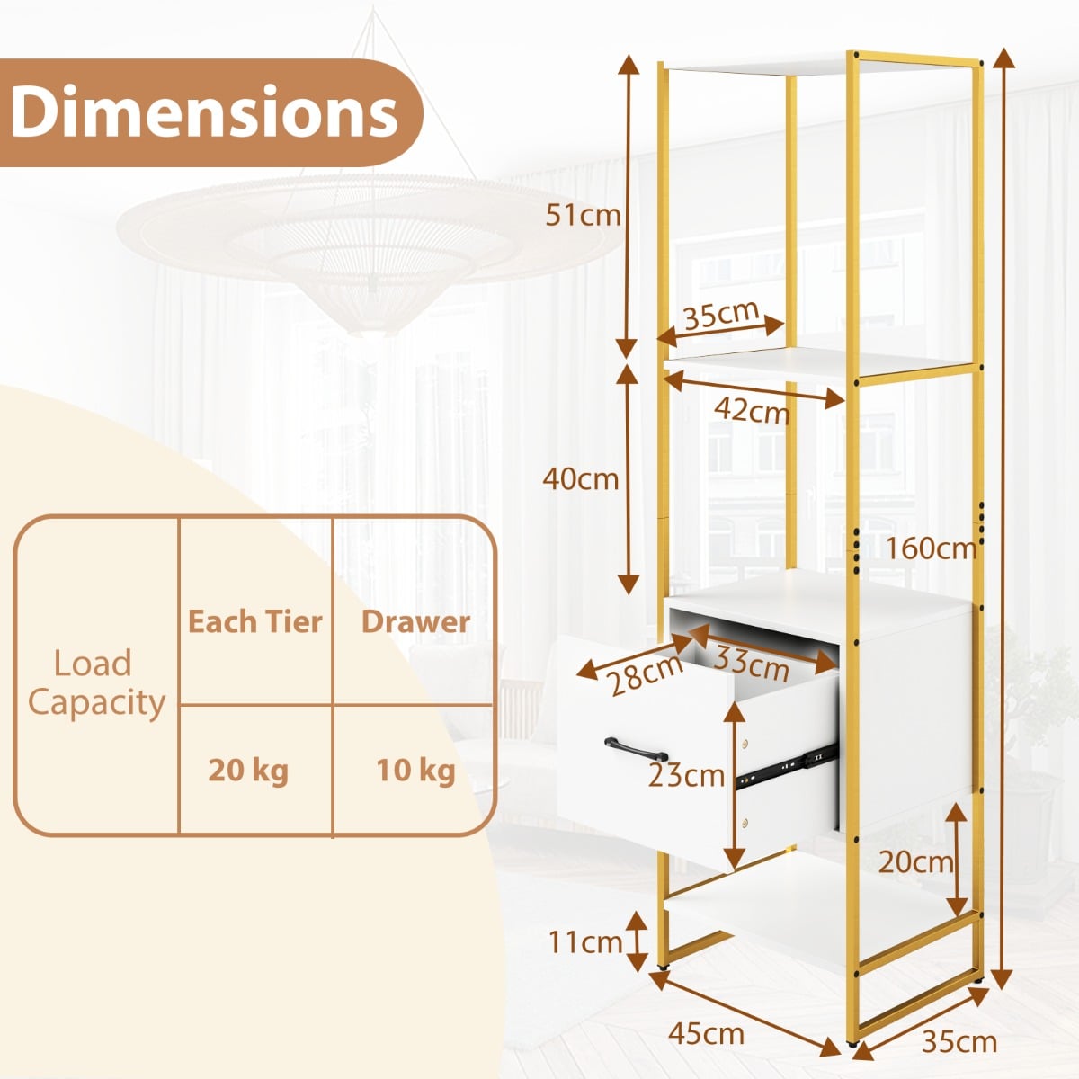 5-Tier Tall Narrow Bookcase Bookshelf with Drawer Shelves-White