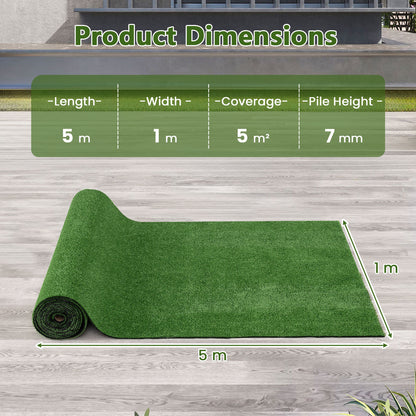 5 x 1 M Artificial Turf Rug with Low 7 mm Pile Height and Drainage Holes