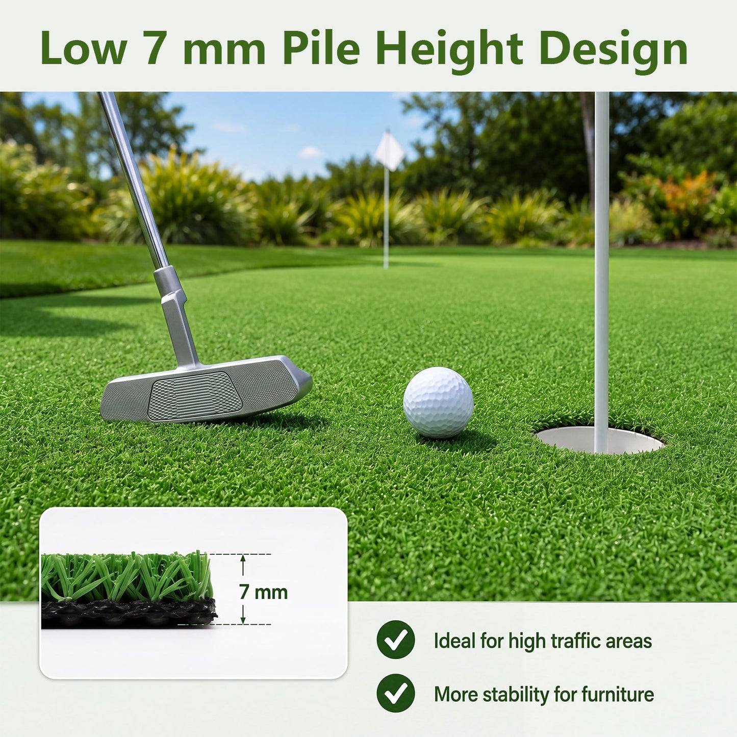 5 x 1 M Artificial Turf Rug with Low 7 mm Pile Height and Drainage Holes