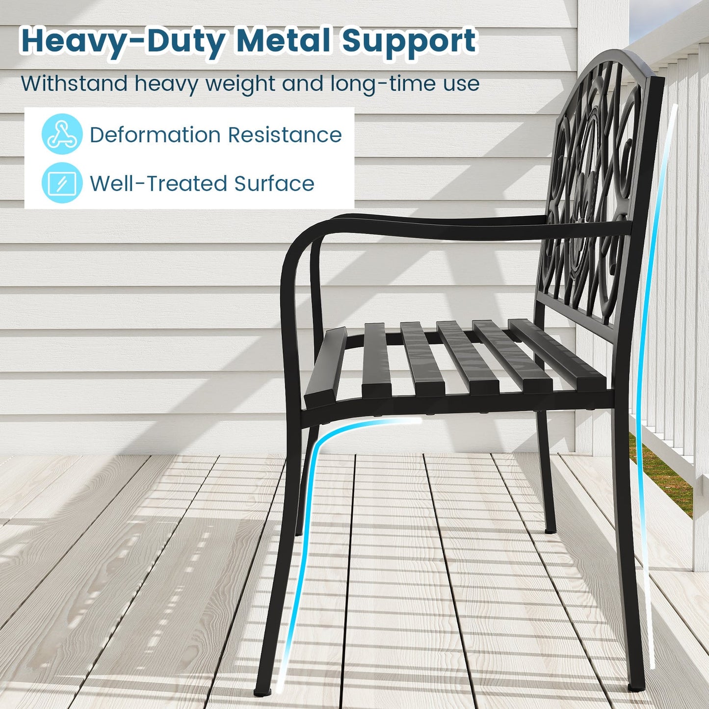 50.5 Inch Outdoor Garden Bench for 2-3 with Cast Iron Floral Backrest-Black