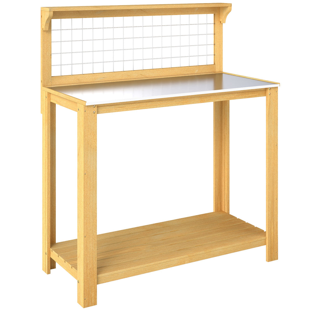 Outsunny Wooden Potting Bench Table with Aluminium Worktop, Outdoor Garden Workbench with 2 Shelves