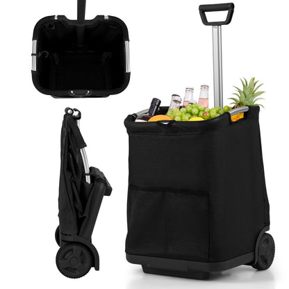 50L Folding Shopping Cart with 3 Pockets and Retractable Handlebar-Black