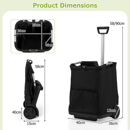 50L Folding Shopping Cart with 3 Pockets and Retractable Handlebar-Black