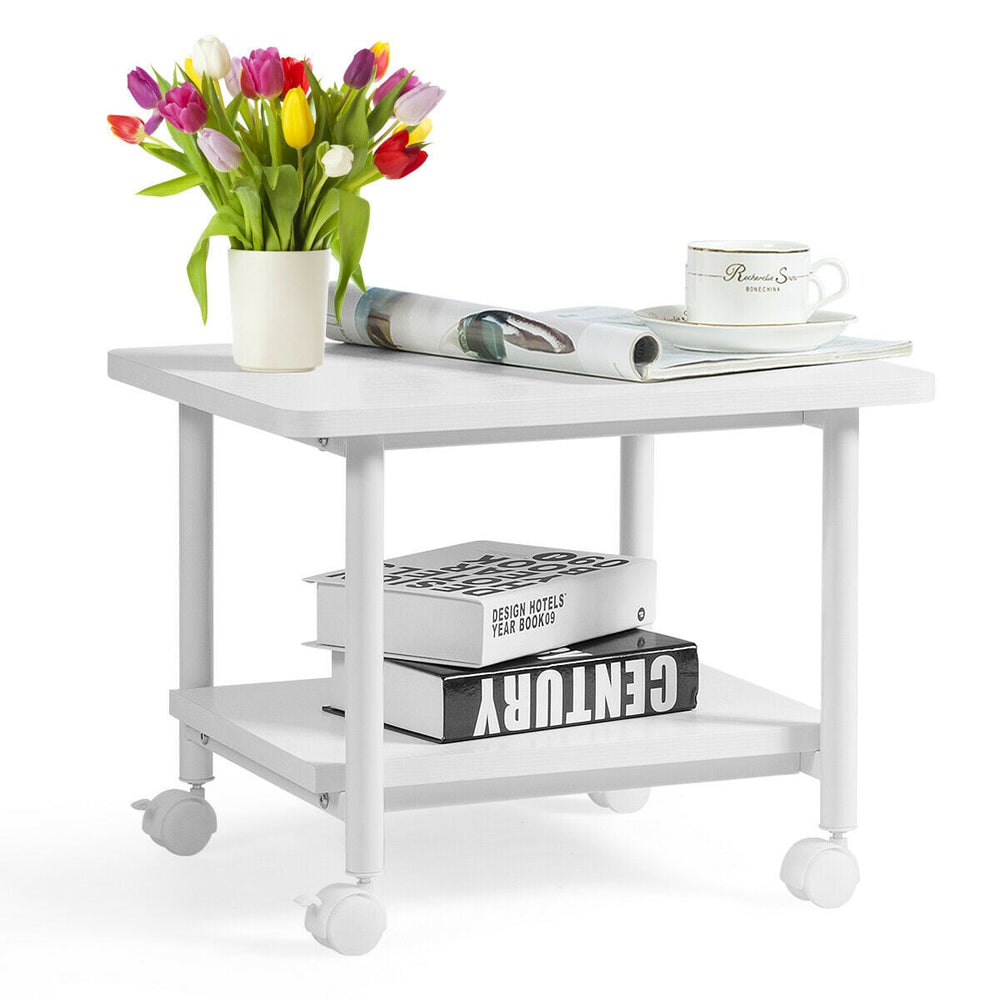 2 Tier Wooden Printer Stand with 360° Swivel Casters-White