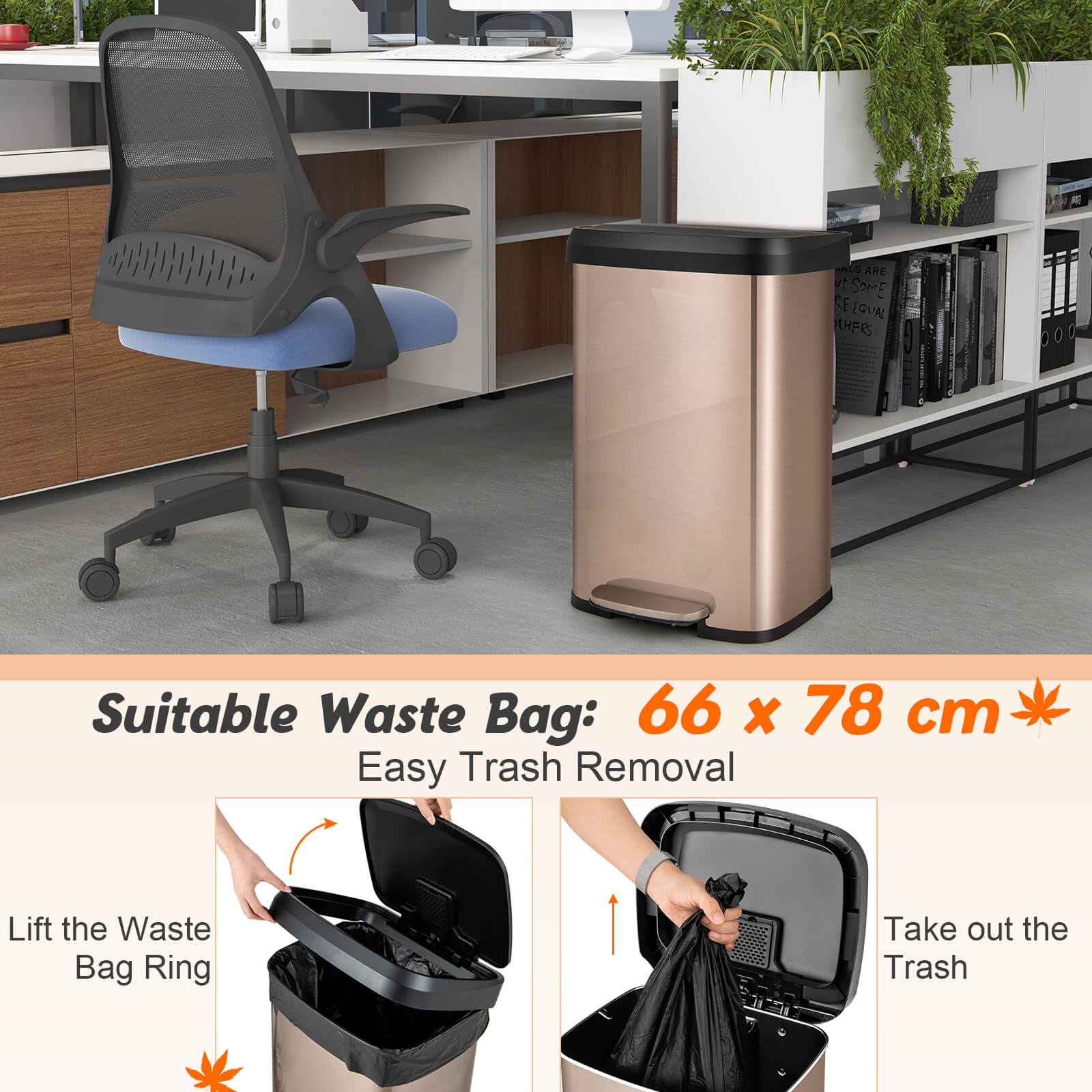 50 L Stainless Steel Step Trash Can with Deodorizer Compartment-Rose Gold