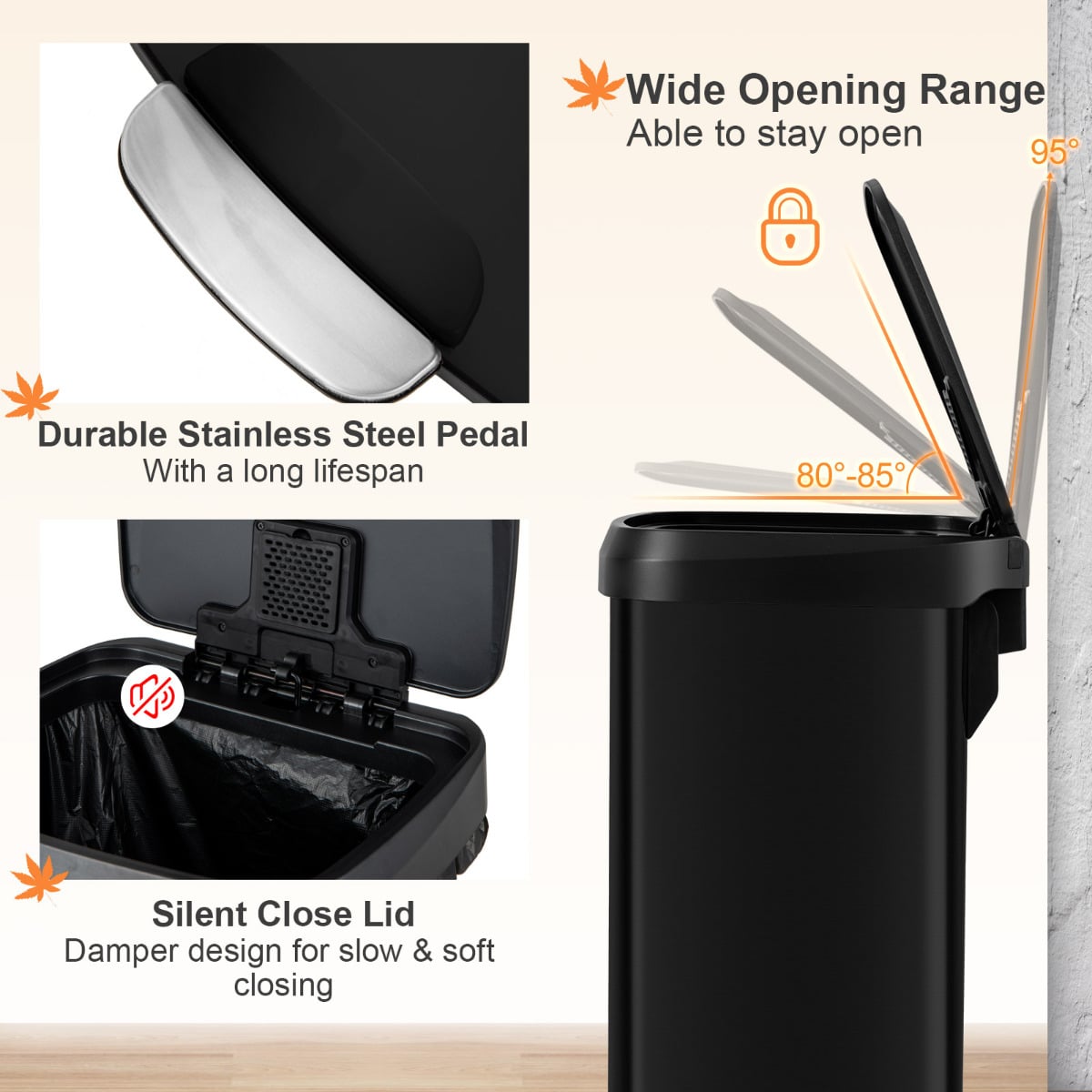 50 L Stainless Steel Step Trash Can with Deodorizer Compartment-Black