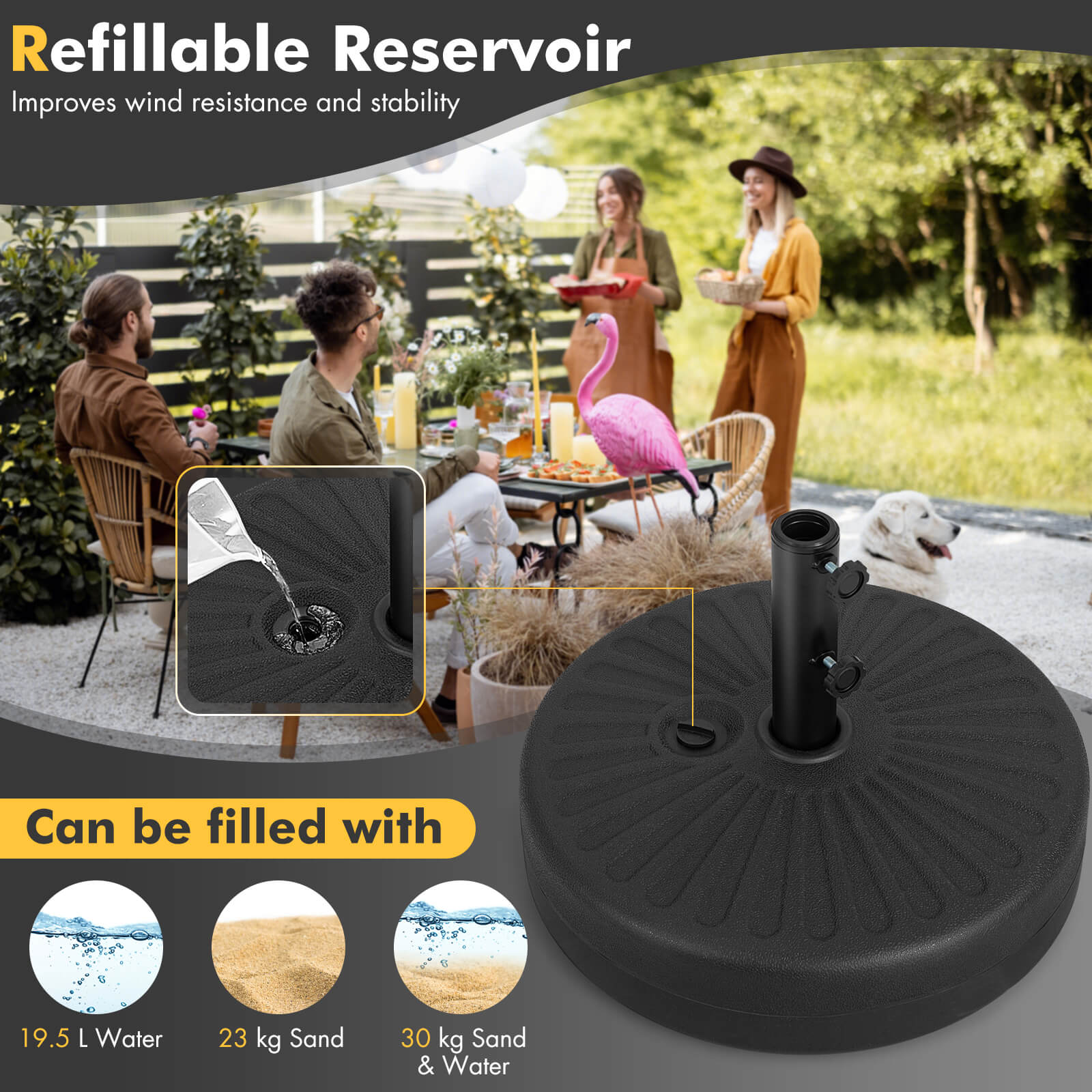 50cm Fillable Round Umbrella Base Stand with Built-in Handle-Black