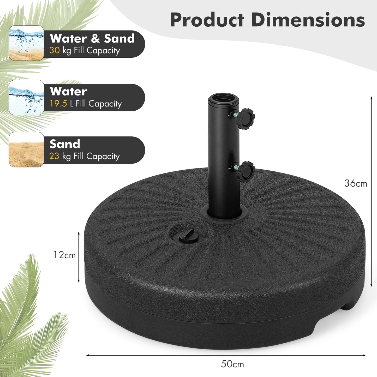 50cm Fillable Round Umbrella Base Stand with Built-in Handle-Black