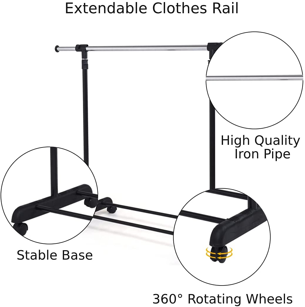 Adjustable Single Rail Garment Rack with Wheels and Bottom Shelf