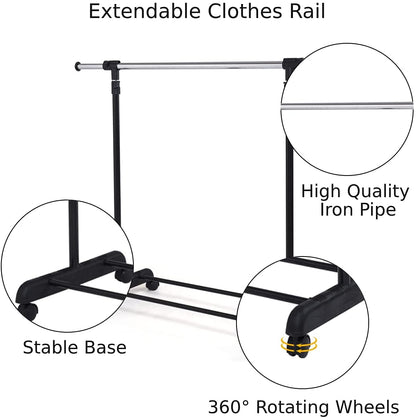 Adjustable Single Rail Garment Rack with Wheels and Bottom Shelf