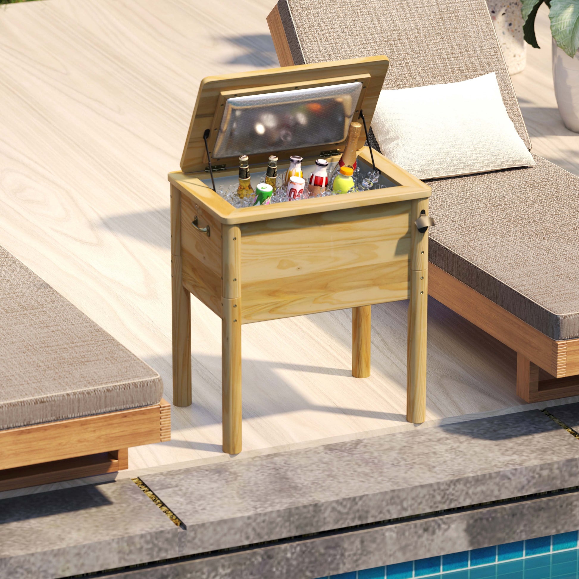 51L Wooden Patio Cooler Outdoor Beverage Cooler with Bottle Opener-Natural