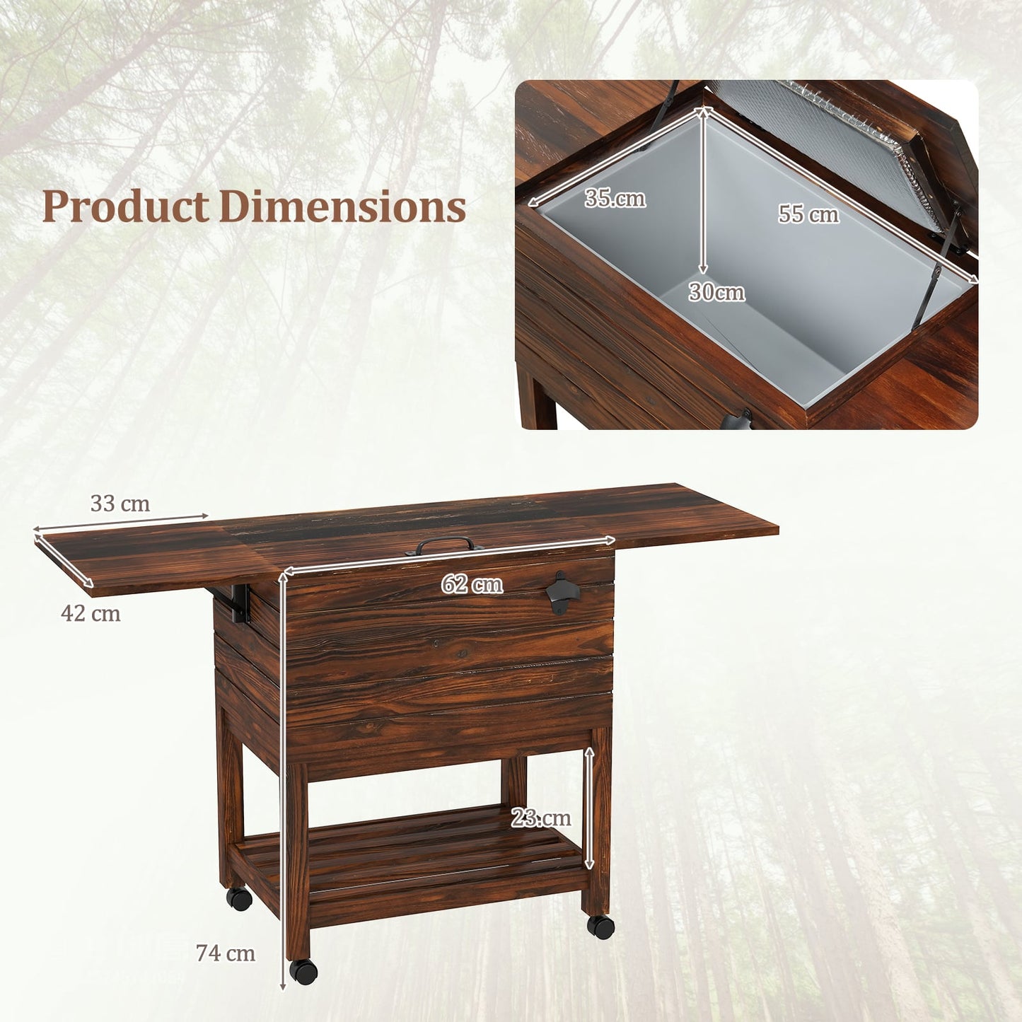51L Rolling Wooden Patio Cooler Cart with 2 Drop Leaf Tables for Backyard BBQ-Rustic Brown