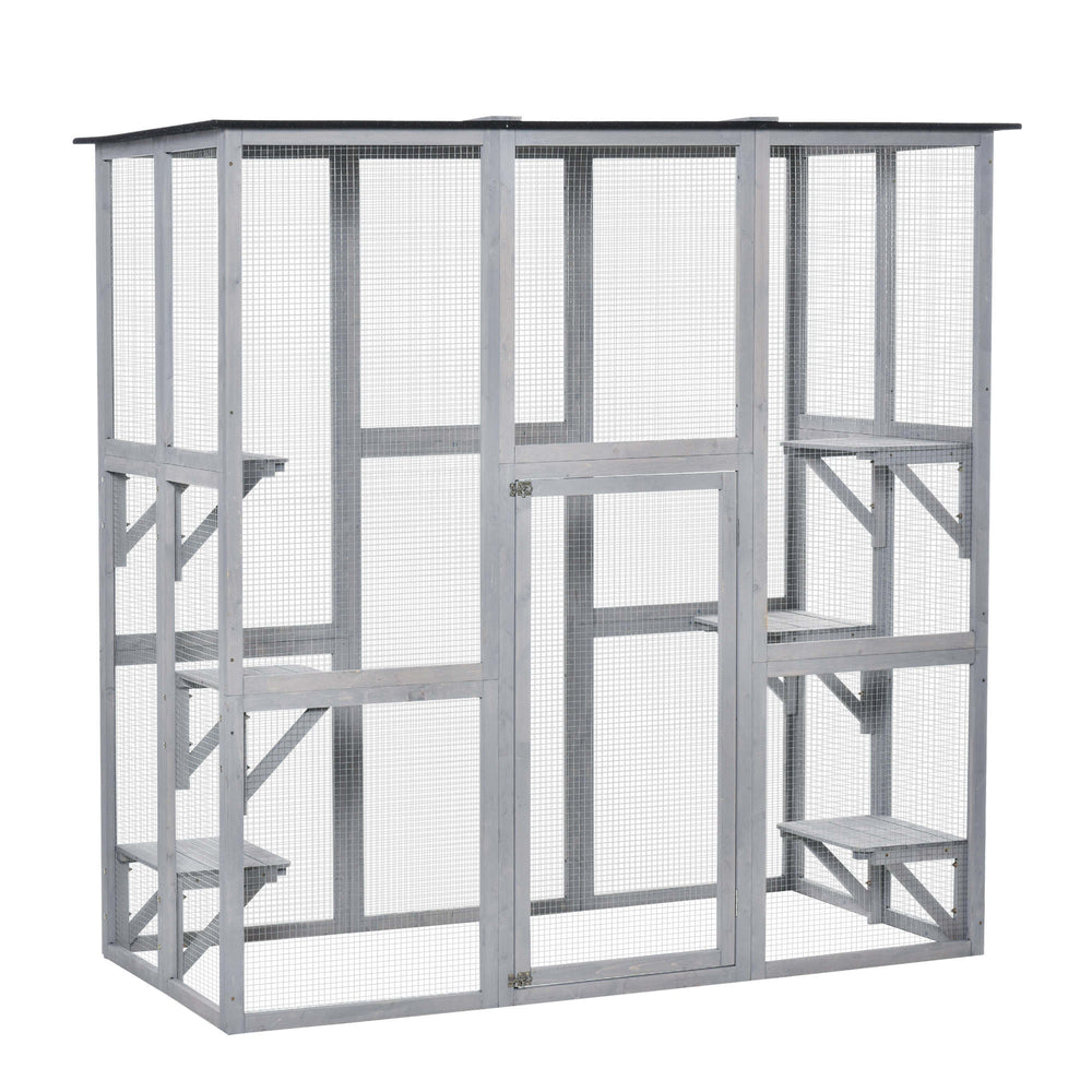 PawHut Wooden Catio Cat Outdoor Enclosure, Cat Cage with Waterproof Roof, Platforms, for Multiple Kittens, 180 x 98 x 180 cm