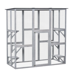 PawHut Wooden Catio Cat Outdoor Enclosure, Cat Cage with Waterproof Roof, Platforms, for Multiple Kittens, 180 x 98 x 180 cm