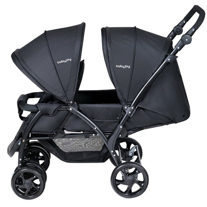 Double Pushchair with Adjustable Backrest and Sunshade-Black