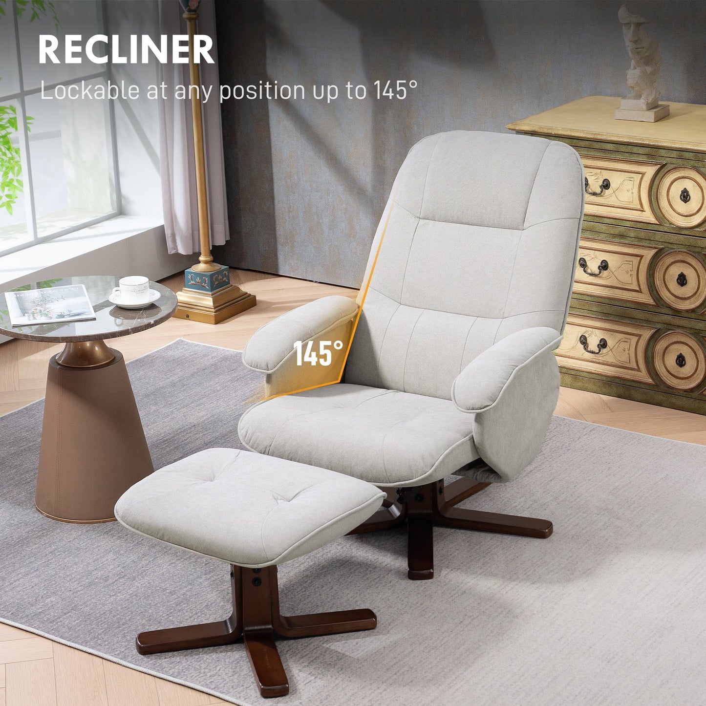 HOMCOM Linen Swivel Recliner Chair with Footstool, Upholstered Reclining Armchair with Wooden Base for Living Room, Light Grey