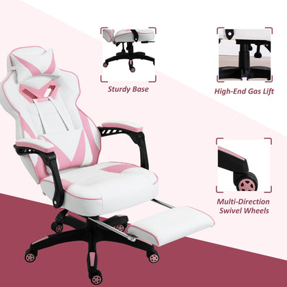 Vinsetto Gaming Chair Ergonomic Reclining w/ Manual Footrest 5 Wheels Stylish Office Pink