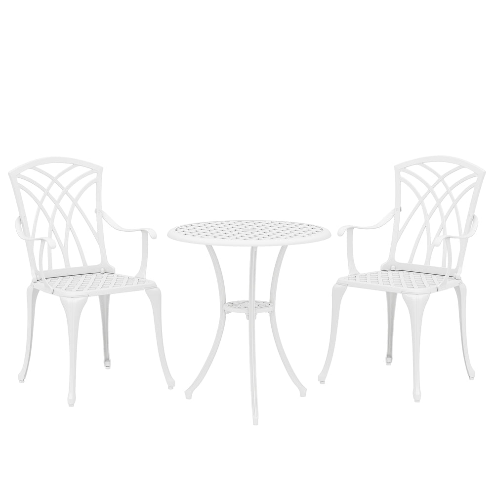 Outsunny 3 Pieces Garden Bistro Set, Cast Aluminium Outdoor Dining Set with 2 Chairs and Round Table with Parasol Hole, White