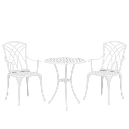 Outsunny 3 Pieces Garden Bistro Set, Cast Aluminium Outdoor Dining Set with 2 Chairs and Round Table with Parasol Hole, White