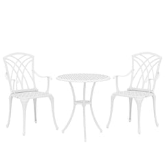 Outsunny 3 Pieces Garden Bistro Set, Cast Aluminium Outdoor Dining Set with 2 Chairs and Round Table with Parasol Hole, White